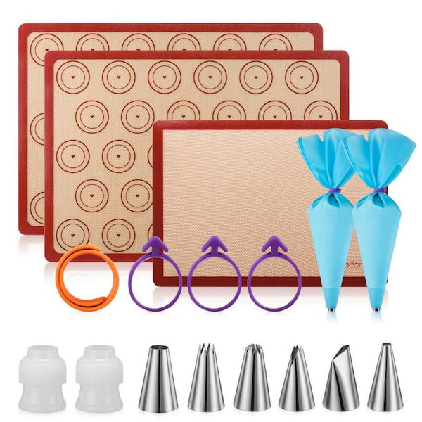 Numhew 17-Piece Silicone Macaron Baking Mats Kit with Quarter Sheet, Half Sheet, Piping Pastry Bag, Bag Tie and Piping Tips