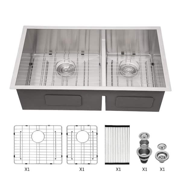 16-Gauge Stainless Steel 33 in. Double Bowl 60/40 Right Angle Undermount Kitchen Sink