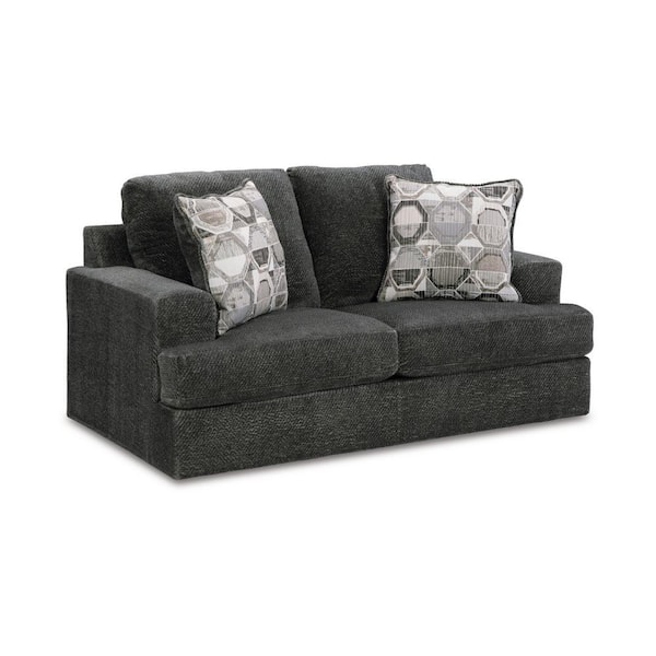 Benjara 70 in. Gray, Black and Ivory Solid Print Polyester 2-Seater Loveseat with 2 Pillows