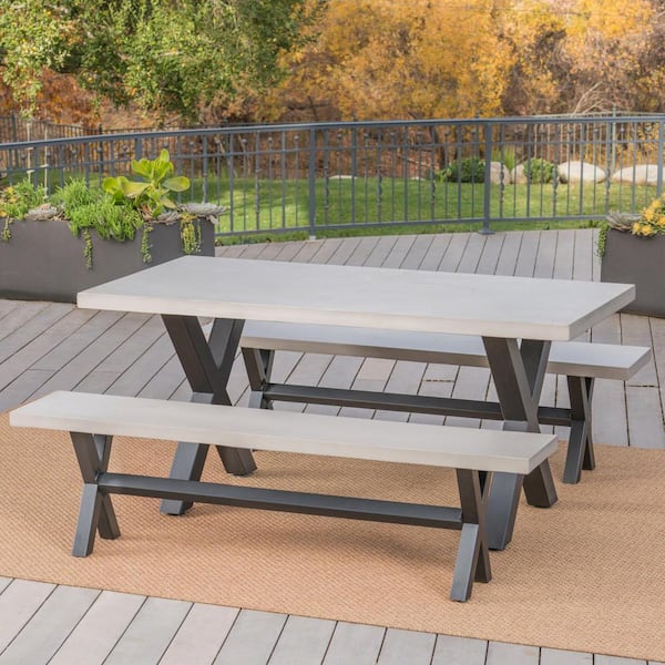 concrete patio table with benches