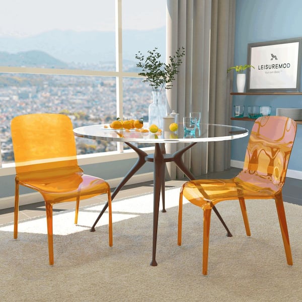 Stackable Plastic Dining Chair Modern Full Back Acrylic Transparent Side Chair Set of 2 in Transparent Orange