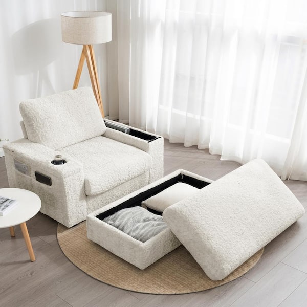 Beige Oversized Faux Rabbit Fur Chaise Lounge with Storage Ottoman and Armrests, Cup Holders, Side Pockets