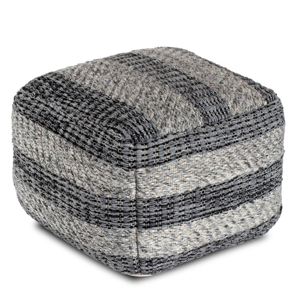 Handwoven Striped Gray Pouf Ottoman with Eco-Friendly Bead Fill