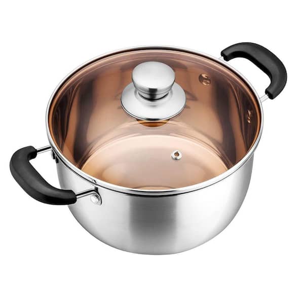 6 qt. Stainless Steel Stock Pot with Glass Lid, Heat-proof Handle, Dishwasher Safe, Suitable for All Cooktops