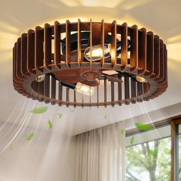 20 in. Indoor Wood Flush Mount Caged Ceiling Fan with Lights and Remote, Dark Walnut Low Profile Ceiling Fan for Bedroom