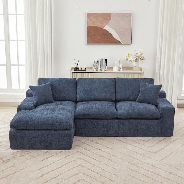 107.9 in. Chenille Cloud Sectional Sofa with Premium Double-Layer Cushioning, Side Pockets Full-Compressed Sofa in Blue