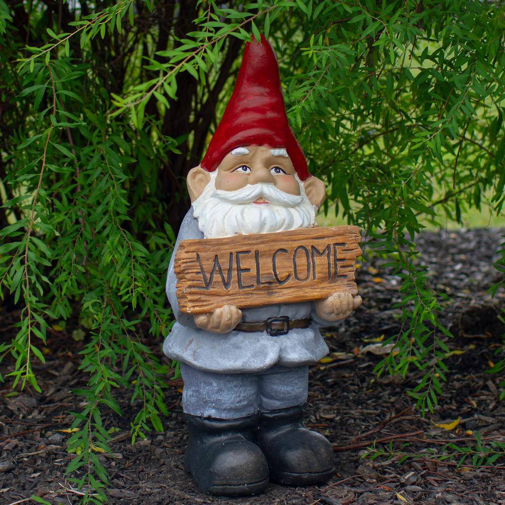 17" Red Hat Gray Outfit Polyresin Garden Gnome Statue