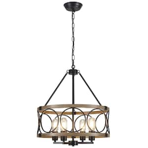 4-Light Black and Imitation Wood Grain Industrial Drum Chandelier, Dimmable Hanging Ceiling Light with Faux Wood Accents