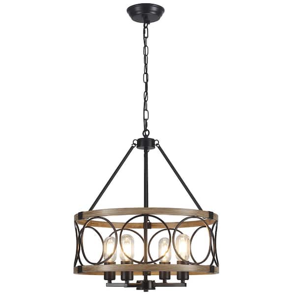 4-Light Black and Imitation Wood Grain Industrial Drum Chandelier, Dimmable Hanging Ceiling Light with Faux Wood Accents