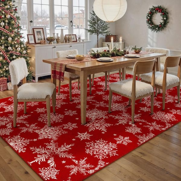 Christmas 5 ft. x 7 ft. Red Snowflakes Area Rug