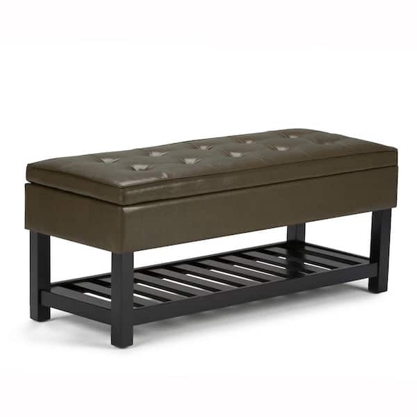 Simpli Home Cosmopolitan 44 in. Traditional Ottoman Bench in Deep Olive Green Faux Leather
