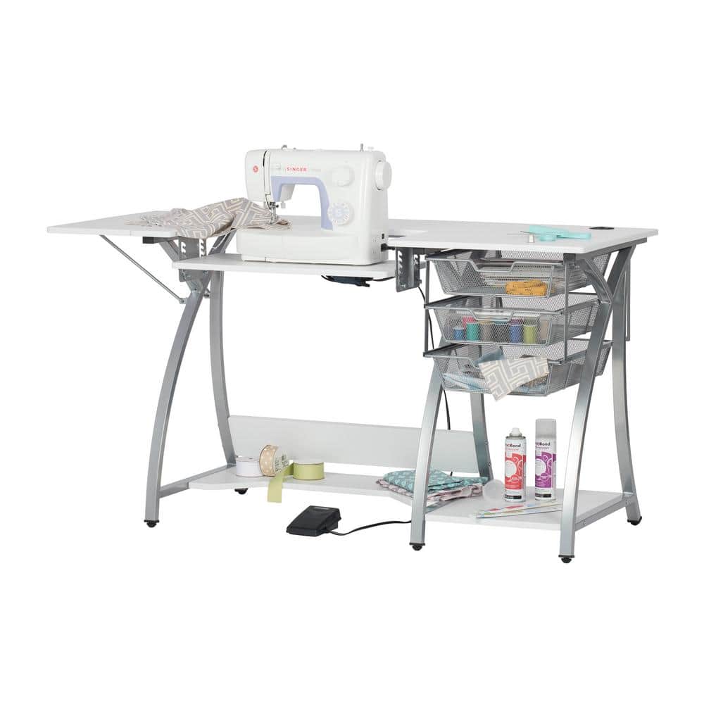 Silver and White Foldable Sewing Table with Mesh Drawers