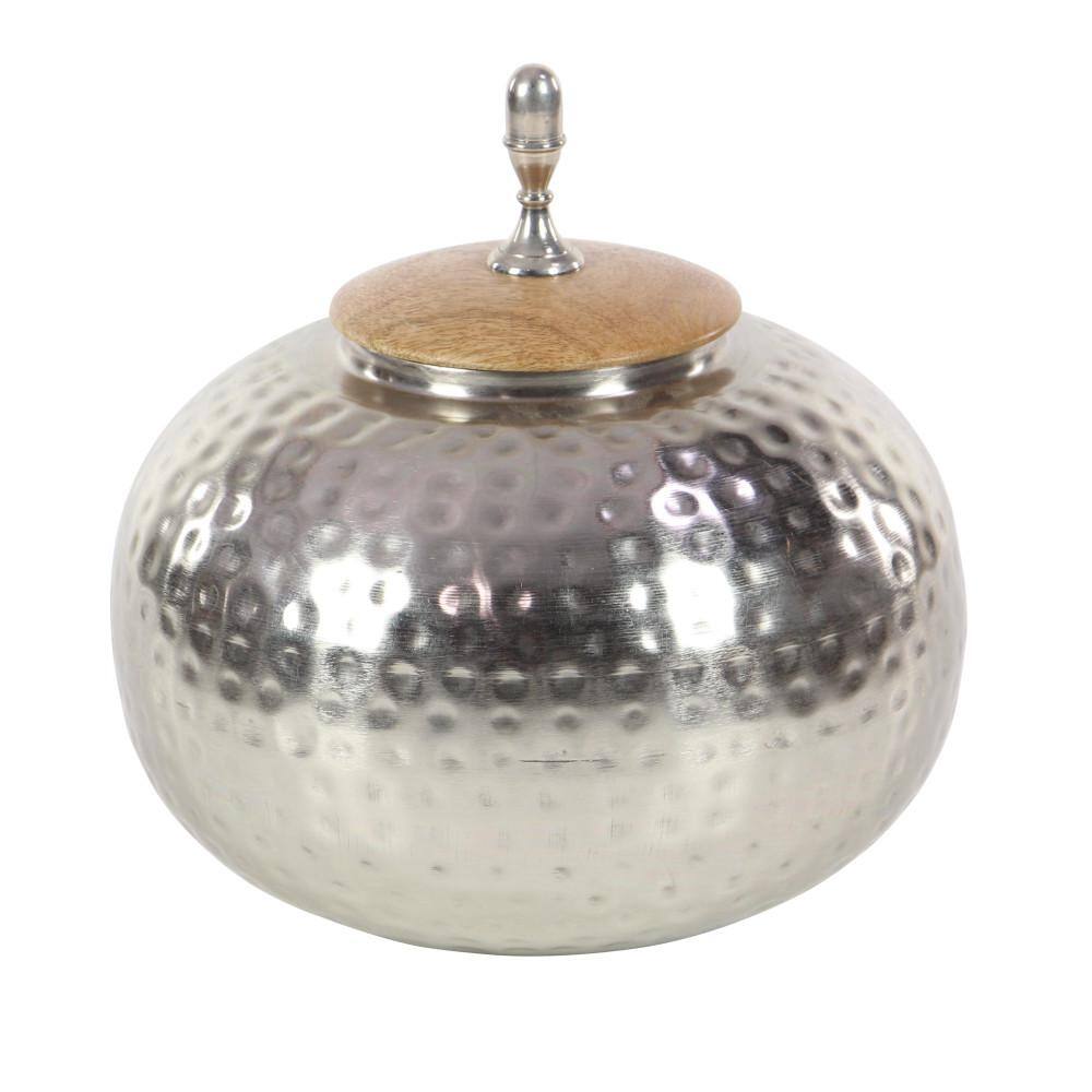 Silver Hammered Metal Decorative Jar with Wood Lid