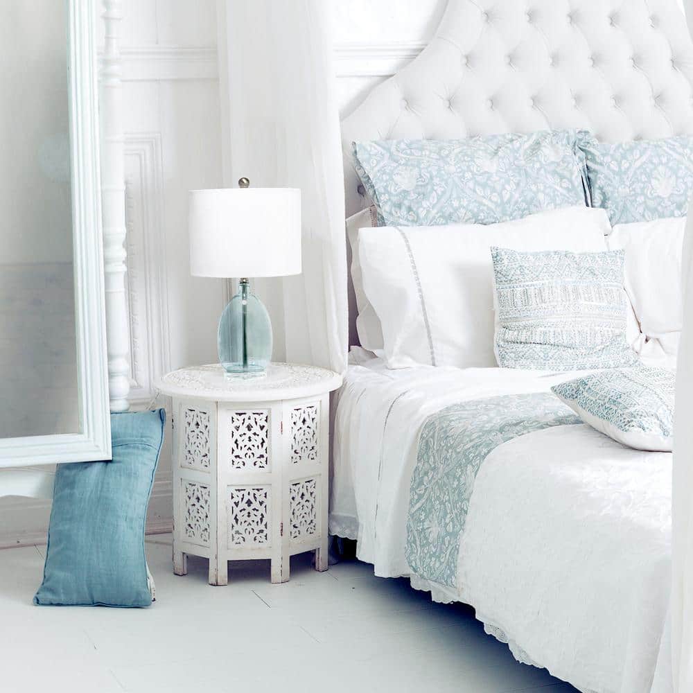 Clear Blue Glass Table Lamp with White Fabric Shade