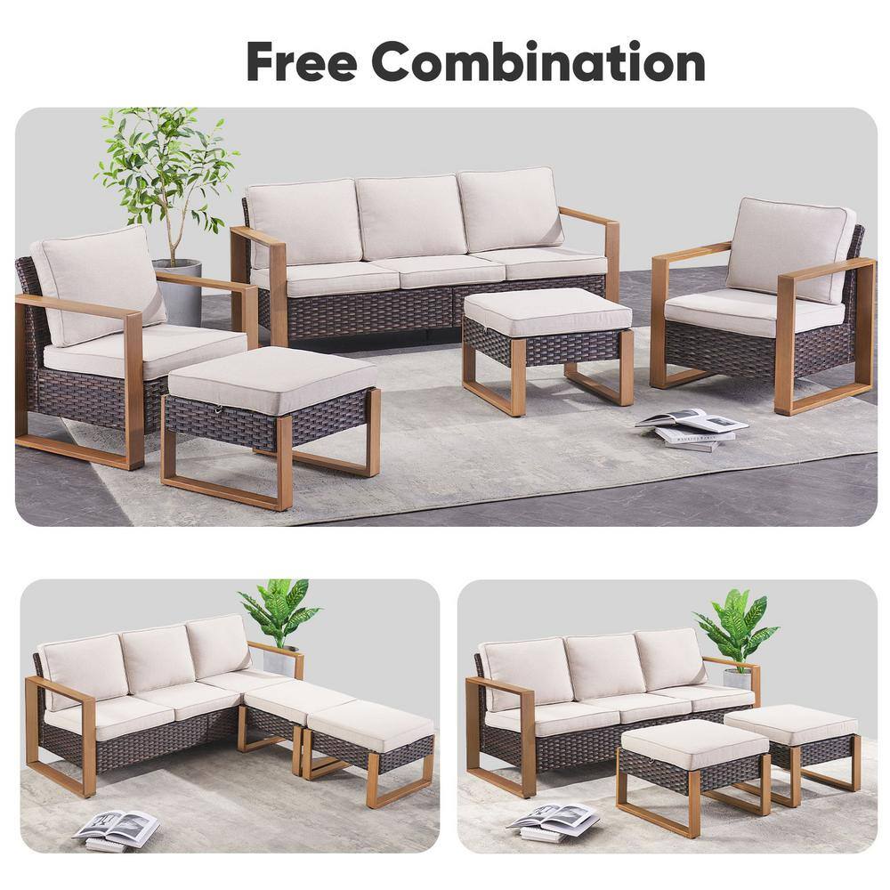 Brown Wicker and Steel Outdoor 3-Seat Sectional Sofa with Beige Cushions