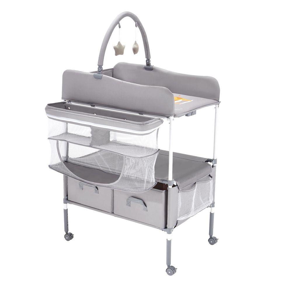 Baby Changing Table, Foldable Diaper Change Station, 2 Fabric Drawers, Side Basket & Hanging Rod, Adjustable Light Gray