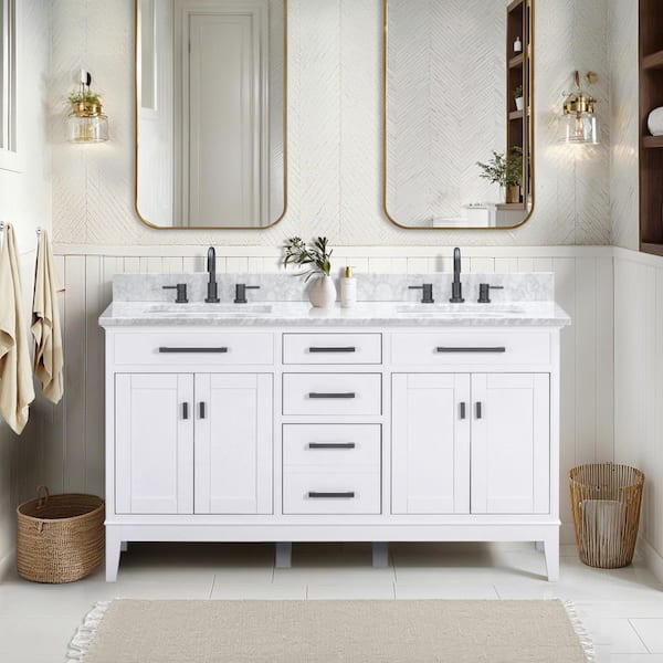 Avanity Madison 61 in. Double Sink White Bath Vanity with Carrara White Marble Top