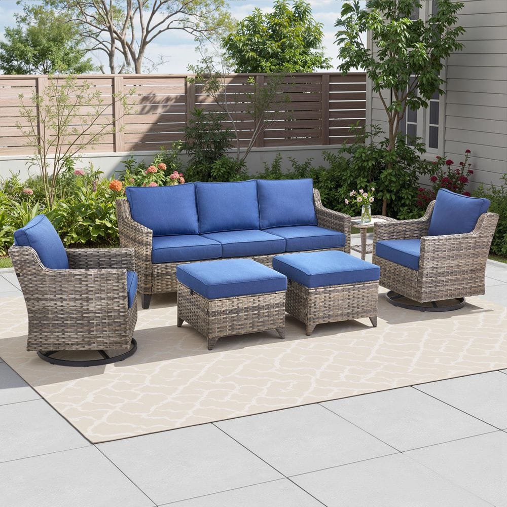 GlideRail Gray Swivel Glider Wicker Patio Conversation Set with Blue Olefin 4 In. Thick Cushions/Ottoman (6-Piece) price history on PriceWatchPro