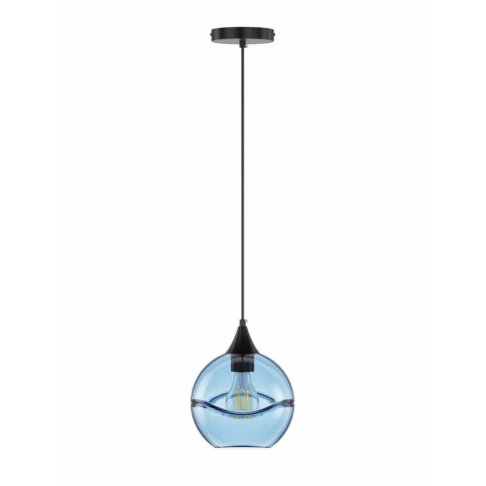 1-Light Farmhouse Black Globe Pendant Light Fixture Vintage Hanging Lights with Handblown Blue Glass Shade -  aiwen, P-NW-PL0014