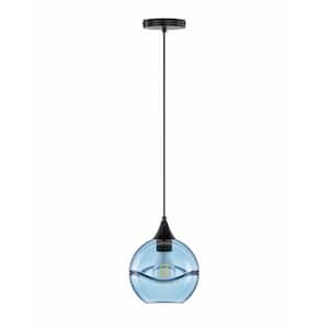1-Light Farmhouse Black Globe Pendant Light Fixture Vintage Hanging Lights with Handblown Blue Glass Shade