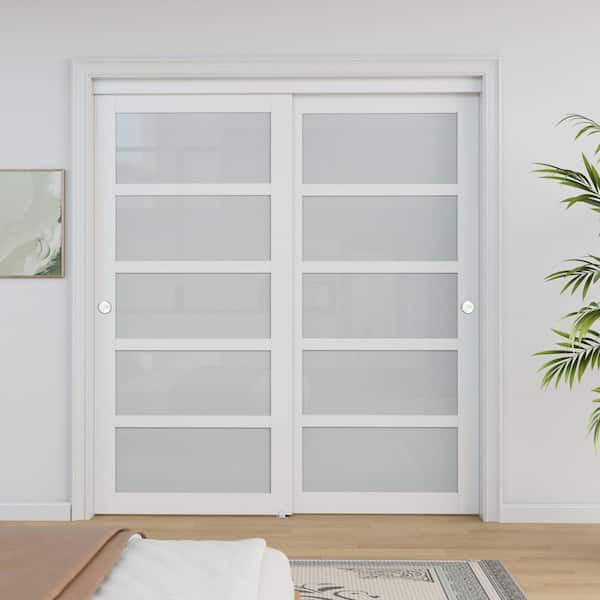 72 in. x 80 in. 5-Lite Frosted Glass Primed White MDF Interior Closet Sliding Door Sliver Handles and Hardware