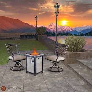 Nocturne Dark Gold 3-Piece Cast Aluminum Patio Fire Pit in White Swivel Seating Set with Beige Cushions for Garden, Yard