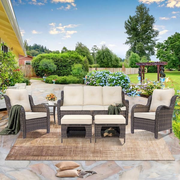 kuurfuurdo Brown 6-Piece Wicker Patio Conversation Set Armrchairs Sofa Ottomans and Side Table with Beige Cushions