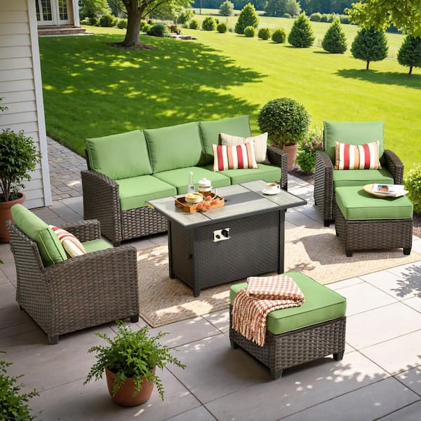 OVIOS Pirani Brown 6-Piece Wicker Patio Rectangle Fire Pit Conversation Set with Green Cushions