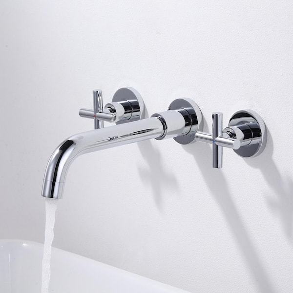 Brass 8" Double Handle Wall Mounted Bathroom Faucet with Brass Rough-in Valve, 2-Aerators and Flange in Polished Chrome
