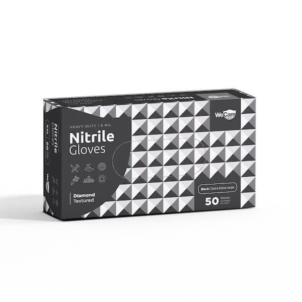 WeCare 8 Mil 2XL Heavy-Duty Nitrile Gloves in Black with Diamond Texture Grip Powder and Latex Free (50-Count)