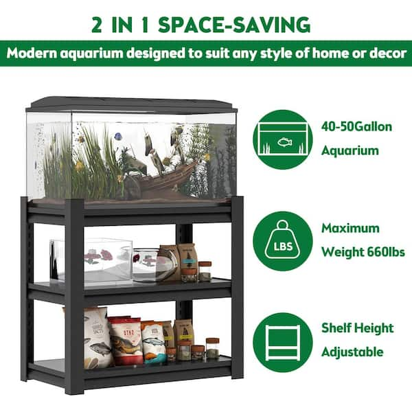 31.5 in. H 3-Shelf Black Metal Pantry Organizer 40-50 Gal. Fish Tank Stand Metal Shelving with Adjustable Shelves