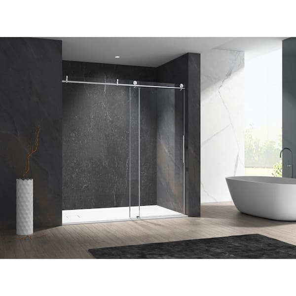 MCOCOD 60 in. W x 76 in. H Single Sliding Frameless Shower Door in Brushed Nickel with Soft-closing and 3/8 in. (10 mm) Glass