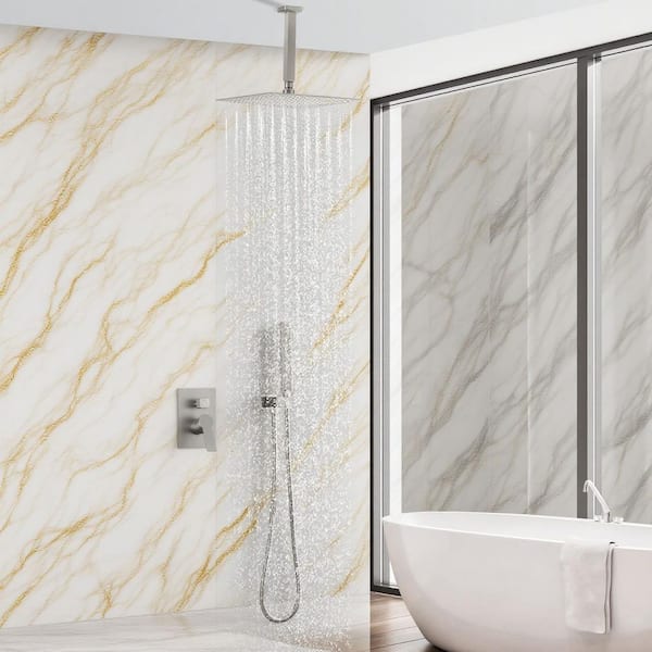 Single Handle 1-Spray 3-Way Tub and Shower Faucet 2.5 GPM Ceiling Mount Shower Head in Brushed Nickel Valve Included