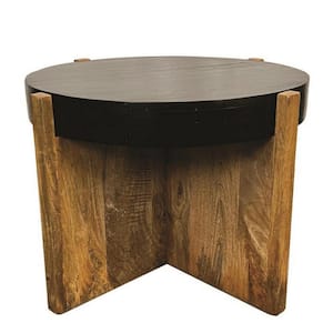 24 in. Brown Round Wood End Table with Wooden Frame