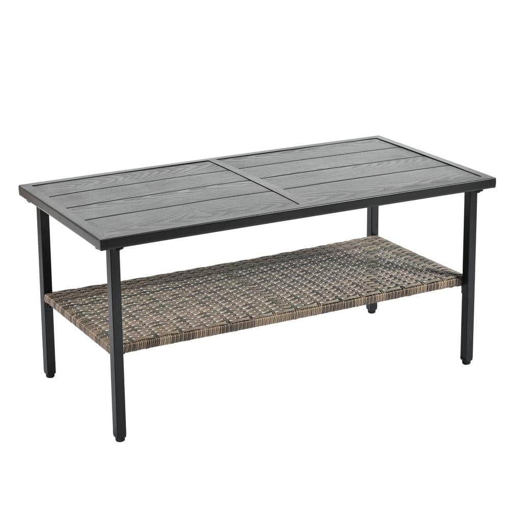 4-Piece Black Iron and Wicker Patio Set with Blue Cushions