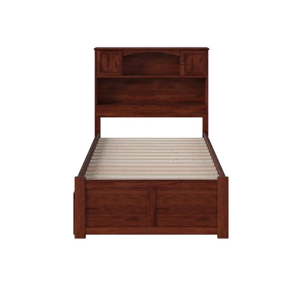 Newport Walnut Twin Platform Bed with Bookcase Headboard and Storage Drawers