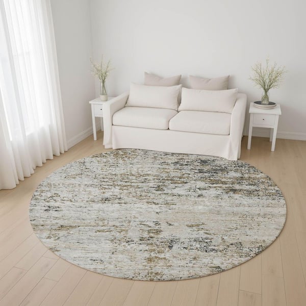 Mayfield Premium Machine Washable Abstract AMF1723 Beige 8 ft. x 8 ft. Round Rug