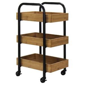 3-Tier Brown Wooden Portable Storage Cart with 3 Removable Bamboo Trays and Casters