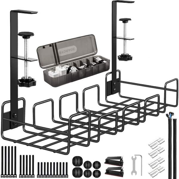 Under Desk Cable Management Tray No Drill Wire Organizer for Office Computer Large 6 Accessories Set in Black