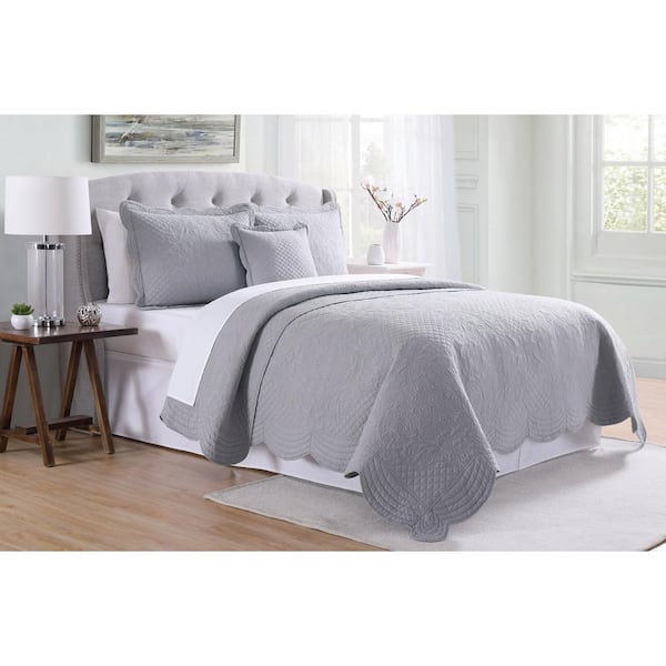 American Traditions French Tile Scalloped Twin 3-Piece Cotton Quilt Set in Grey