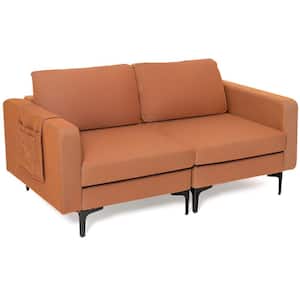 66 in. Width Orange Modern Loveseat Linen Fabric 2-Seat Sofa Couch with Side Storage Pocket