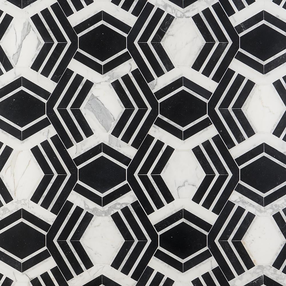 Black and White Geometric Marble Mosaic Tile for Indoor/Outdoor Use
