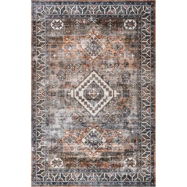 Faded Geometric Spill Proof Washable Rust 9 ft. x 12 ft. Indoor Area Rug