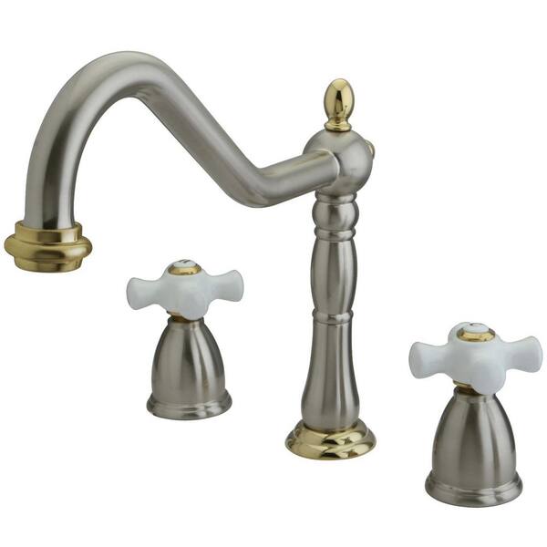 Kingston Brass Heritage 2-Handle Deck Mount Widespread Kitchen Faucets iin Brushed Nickel/Polished Brass