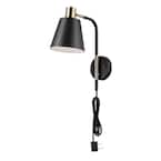 Cleo 1-Light Matte Black Plug-In or Hardwire Wall Sconce with Antique Brass Accents