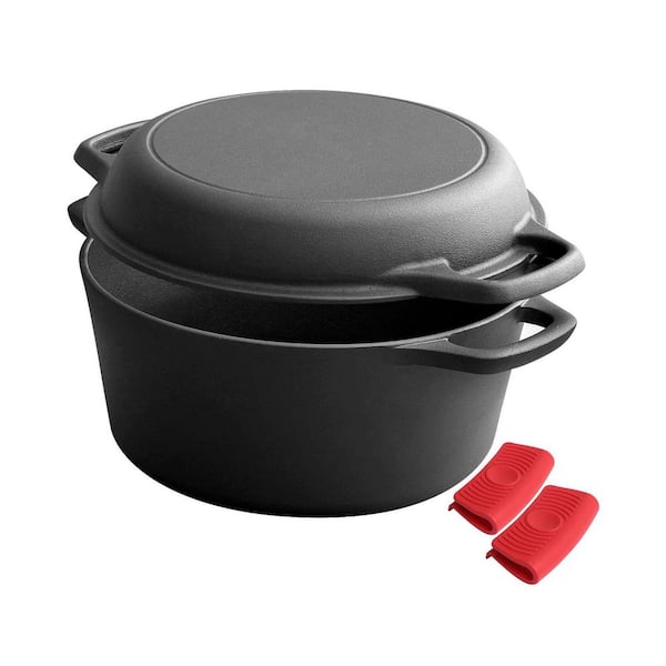 2-in-1 Cast Iron Dutch Oven Pot with Skillet Lid, 5 qt. Capacity, Pre-Seasoned, Dual Handles, Indoor Outdoor Use