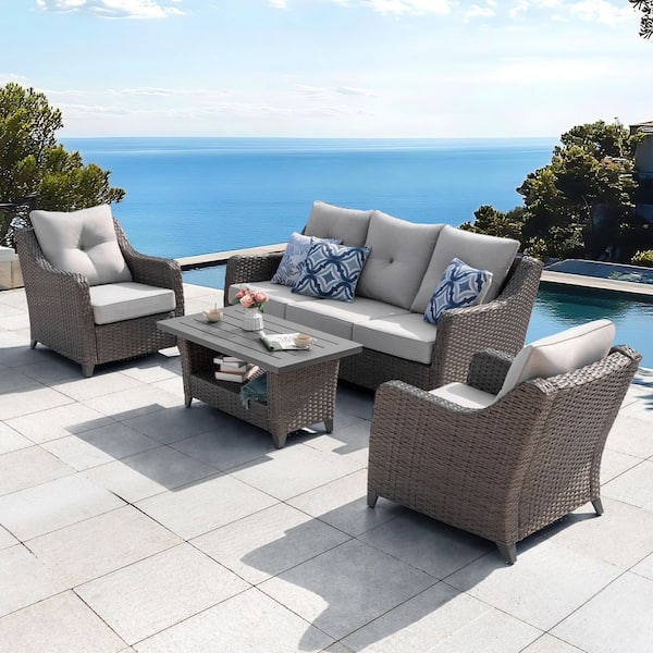 Nuu Garden Brown 4-Piece Wicker Outdoor Patio Deep Seating Set Conversation Sofa Set with Grey Cushions