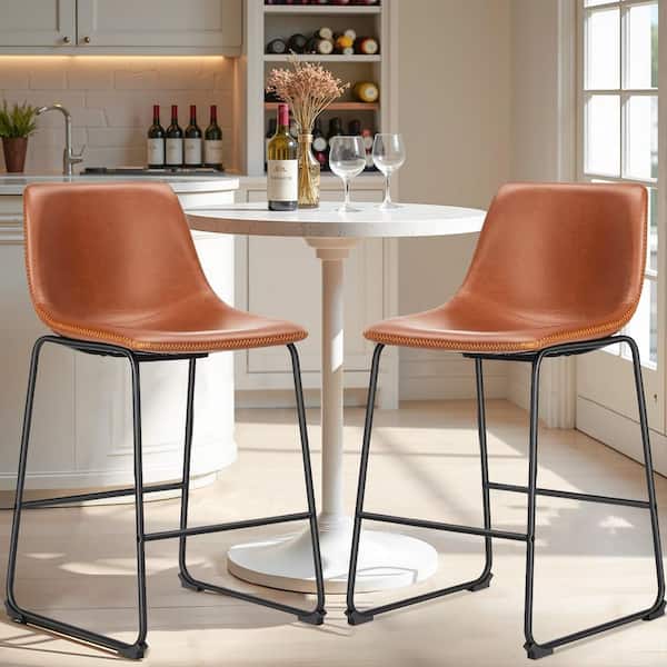 Brown Faux Leather 26 in. Counter Height Bar Stools Set of 2 with Back and Metal Leg for Kitchen lsland