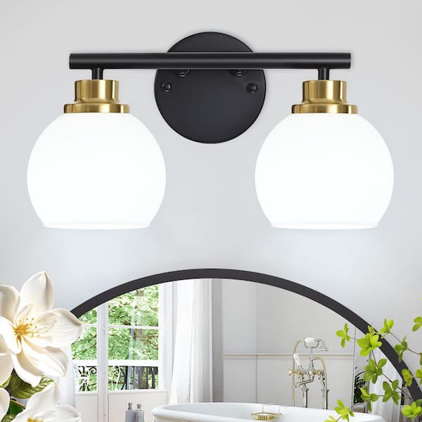 ZSMIHDOH 14.6 in. 2-Light Black and Gold Vanity Light with White Frosted Glass Shades