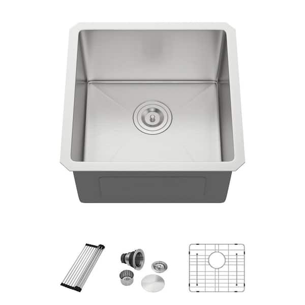 16-Gauge Stainless Steel 17 in. Undermount Bar Sink in Brushed Nickel with Bottom Grid